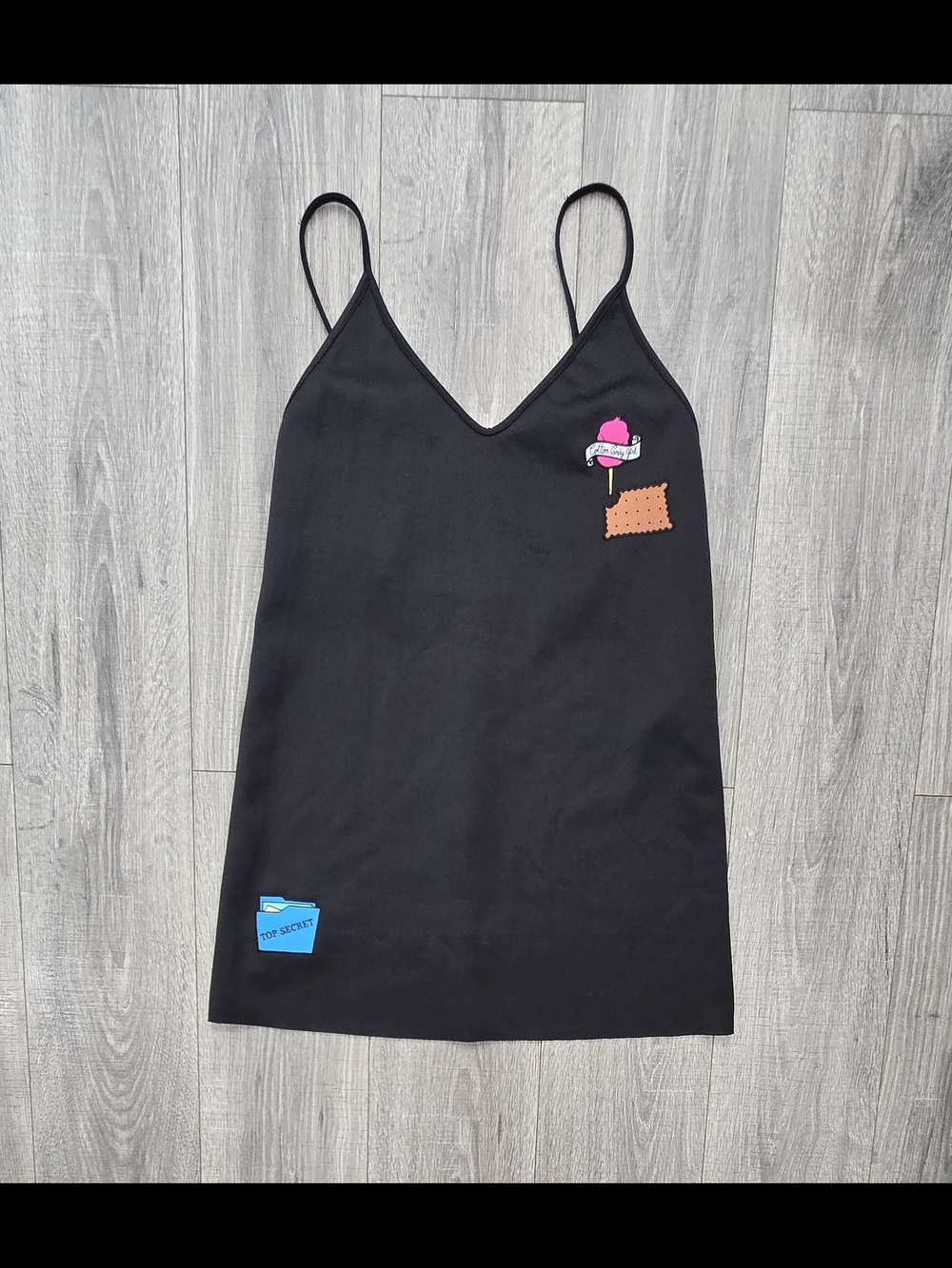 Zara Black Y2K Graphic Patch Spaghetti Strap Mini Dress Size L #589
